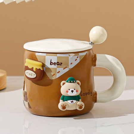 Cana din Ceramica, , Model Urs pentru Baieti, Cana Universala, Cana pentru Ceai, Cana cu Lingura Metalica si Capac, 9.6 x 9.5 x 9.5 cm, 400 ml Maro [1]