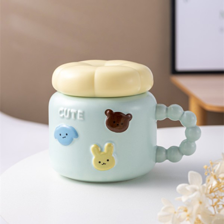 Veselă pentru Masă - Cana pentru Copii, , din Portelan, print Figurine Animalute, Model CUTE, Cana cu Capac, Ceasca pentru Cafea, Ceai, 400ml Albastru deschis