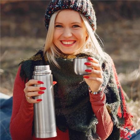 Cana termos cu pahar, perete din inox dublu izolat, 500ml, 24cm, argintiu [12]