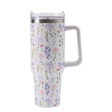 ✨TOATE PRODUSELE✨ - Cana Termos din Plastic, , pentru Bauturi Calde si Reci, cu Maner, Imprimeu Floral, Alb, 10x7.6x27.5 cm