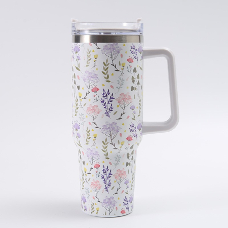 Cana Termos din Plastic, , pentru Bauturi Calde si Reci, cu Maner, Imprimeu Floral, Alb, 10x7.6x27.5 cm [5]