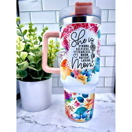 Cana Termos din Plastic, , pentru Bauturi Calde si Reci, cu Maner, Imprimeu Floral, cu Mesaj pentru Mama, Alb, 10x7.6x27.5 cm [2]