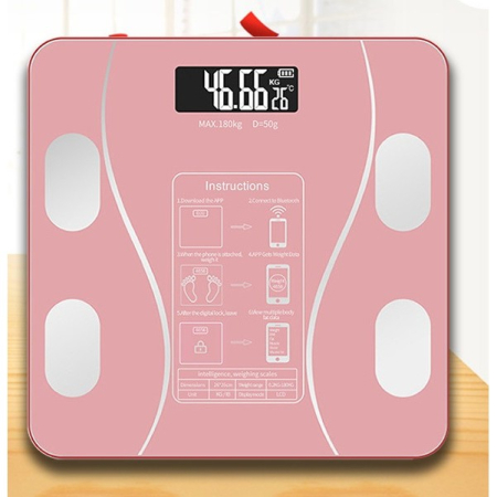 Cantar Electronic Inteligent De Baie Cu Aplicatie Smart, Corporal, Ecran Digital Iluminat, Termometru, Suporta Maxim 180 Kg, 26 x 26 cm, Baterii, Roz [1]