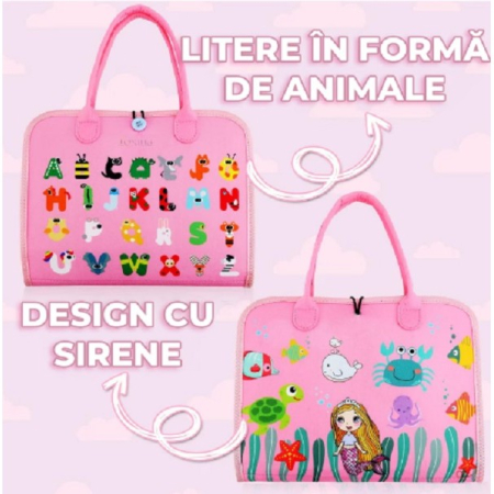 Carte Senzoriala Educativa Montessori, , Dezvoltare Abilitati Motorii, 3 Pagini, Model Sirena si Alfabet, 28x25x4 cm, Roz [5]