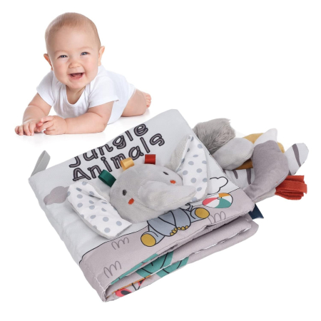 Carte Senzoriala, , pentru Bebelusi, 15x16x6 cm, cu Animalute, 3D, Cu Sunete si Fosnete, 0-3 Ani, Model Elefantel, Gri [3]