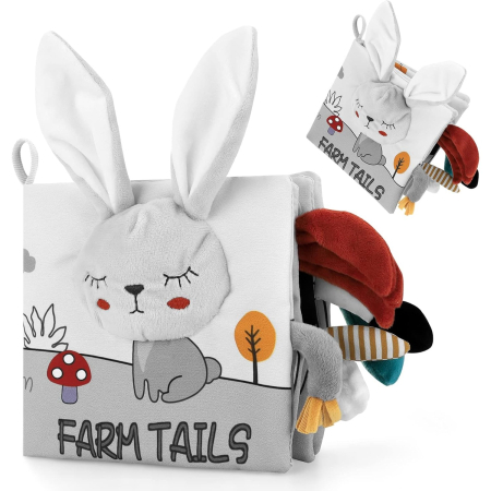 Carte Senzoriala, , pentru Bebelusi, 15x16x6 cm, cu Animalute, 3D, Cu Sunete si Fosnete, 0-3 Ani, Model Iepuras, Gri [2]