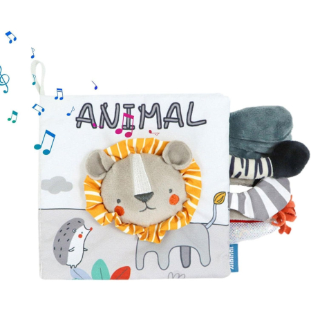 Carte Senzoriala, , pentru Bebelusi, 15x16x6 cm, cu Animalute, 3D, Cu Sunete si Fosnete, 0-3 Ani, Model Leu, Gri [2]