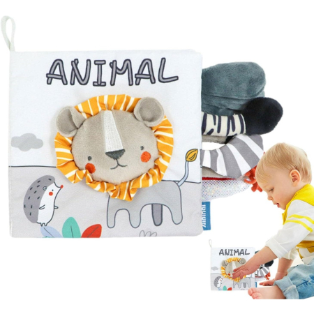 Carte Senzoriala, , pentru Bebelusi, 15x16x6 cm, cu Animalute, 3D, Cu Sunete si Fosnete, 0-3 Ani, Model Leu, Gri [5]