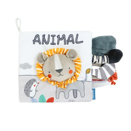 Jucarii interactive - Carte Senzoriala, , pentru Bebelusi, 15x16x6 cm, cu Animalute, 3D, Cu Sunete si Fosnete, 0-3 Ani, Model Leu, Gri