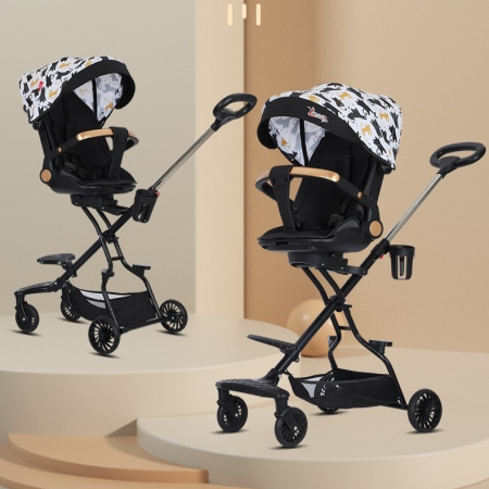 Carucior Sport 3in1, 6-36 Luni, Reversibil, Pliabil, Tavita pentru Masa, Pozitie de Somn, Centura de Siguranta, Roti 360, Suport Pahar, Copertina pentru Soare, 32x63x95cm, Negru Model Pisicute [10]