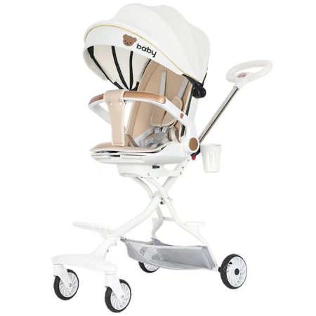 Carucioare Copii - Carucior Sport 3in1, 6-36 Luni, Reversibil, Pliabil, Tavita pentru Masa, Pozitie de Somn, Centura de Siguranta, Roti 360, Suport Pahar, Copertina pentru Soare, 32x63x95cm, Alb, Model Ursulet