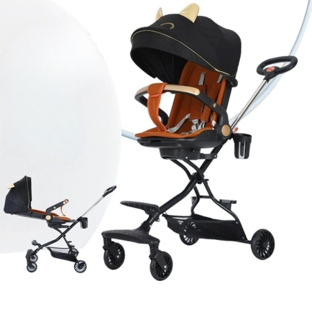 Carucior Sport 3in1, 6-36 Luni, Reversibil, Pliabil, Tavita pentru Masa, Pozitie de Somn, Centura de Siguranta, Roti 360, Suport Pahar, Copertina pentru Soare, 32x63x95cm, Negru, Model Pisicute [1]