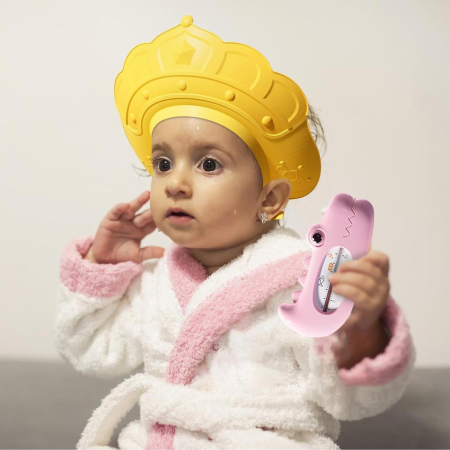 Casca de Dus, , Previne Scurgerea Apei si Samponului pe Fata, 0-12 Ani, Ajustabila, din TPE+PP, 20 x 23 cm, Model Coroana, Galben [5]