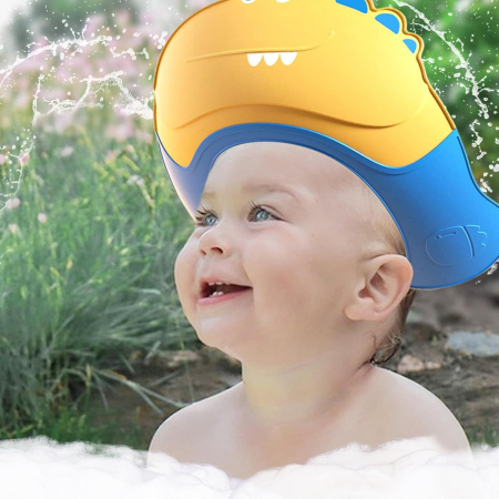 Casca de Dus, , Previne Scurgerea Apei si Samponului pe Fata, 0-12 Ani, Ajustabila, din TPE+PP, 20 x 23 cm, Model Crocodil, Galben/Albastru [1]
