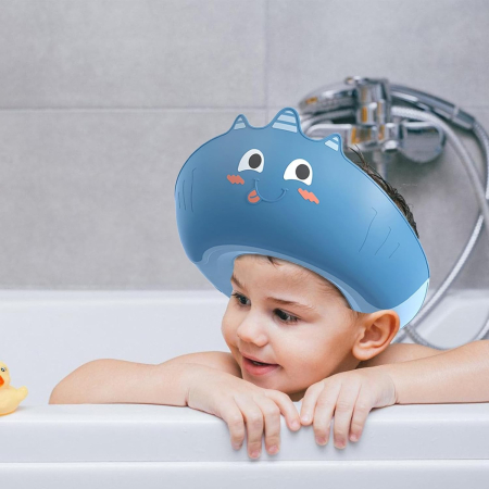 Casca de Dus, , Previne Scurgerea Apei si Samponului pe Fata, 0-12 Ani, Ajustabila, din TPE+PP, 20 x 23 cm, Model Unicorn, Albastru [2]