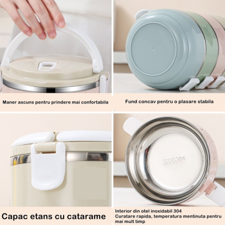 Caserola pentru alimente , lunch box, 700 ml, otel inoxidabil, maner, valva aerisire, inchidere etansa, 15 x 8.5 cm, albastru [2]