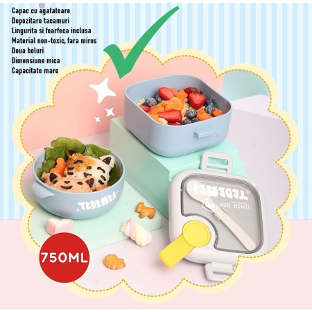Caserola pentru copii , lunch box, 750 ml, doua boluri, lingura, foarfeca din plastic, rezistenta la scurgeri, Albastra [1]