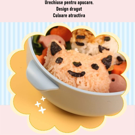 Caserola pentru copii , lunch box, 750 ml, doua boluri, lingura, foarfeca din plastic, rezistenta la scurgeri, Albastra [3]