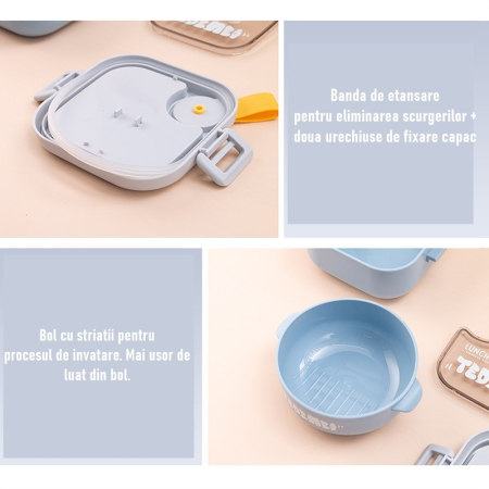 Caserola pentru copii , lunch box, 750 ml, doua boluri, lingura, foarfeca din plastic, rezistenta la scurgeri, Albastra [5]
