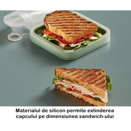 Caserola pentru sandwich , din silicon si polipropilena, portabil, usor de curatat, capac anti-scurgere, reutilizabil, 15.5 x 15.5 x 2.5 cm, verde [4]