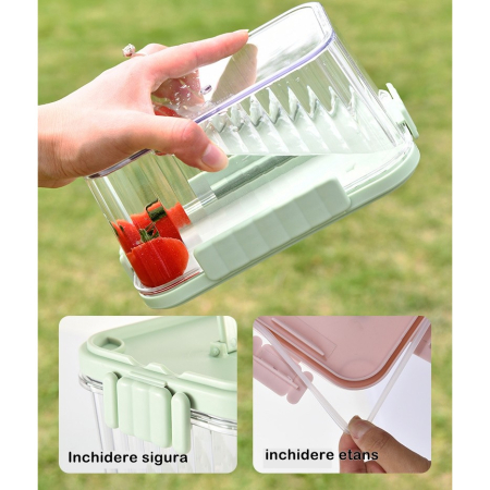 Caserola portabila pentru mancare fresh , 550 ml, furculita pentru fructe, 7 x 11.5 x 16 cm, capac detasabil pentru congelator, etans, spatiu pentru tacamuri, maner, material plastic, rezistent la temperaturi ridicate, transparent [5]