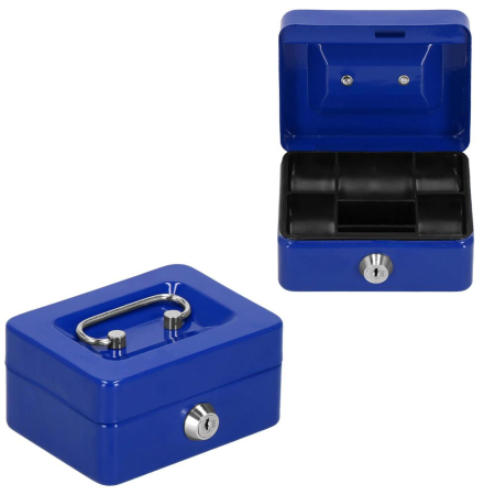 Caseta pentru bani tip cutie de valori, compartimentanta, cu cheie, metal, 12.5x9.5x6.5cm, albastru [22]