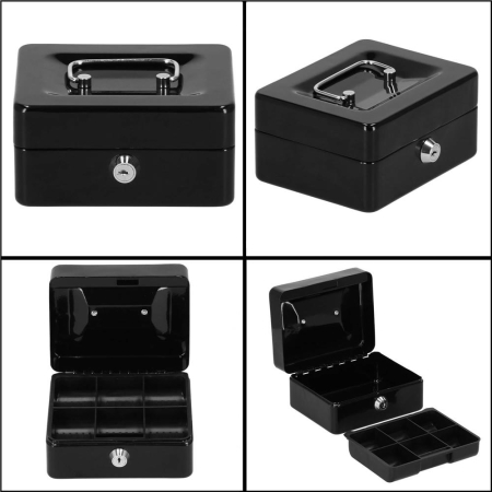 Caseta pentru bani tip cutie de valori, compartimentanta, cu cheie, metal, 15x12x8cm, negru [14]