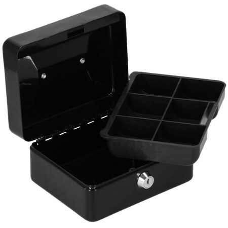 Caseta pentru bani tip cutie de valori, compartimentanta, cu cheie, metal, 15x12x8cm, negru [0]