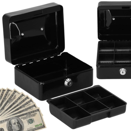 Caseta pentru bani tip cutie de valori, compartimentanta, cu cheie, metal, 15x12x8cm, negru [21]