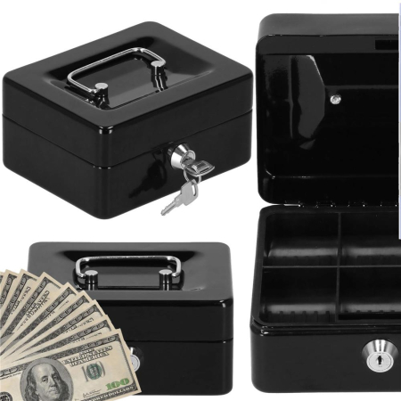 Caseta pentru bani tip cutie de valori, compartimentanta, cu cheie, metal, 15x12x8cm, negru [22]
