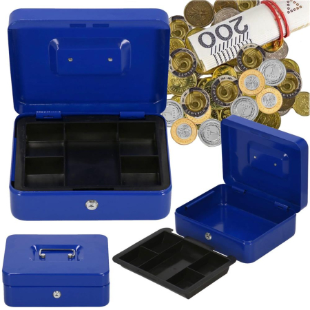Caseta pentru bani tip cutie de valori, compartimentanta, cu cheie, metal, 20x16x9cm, albastru [21]
