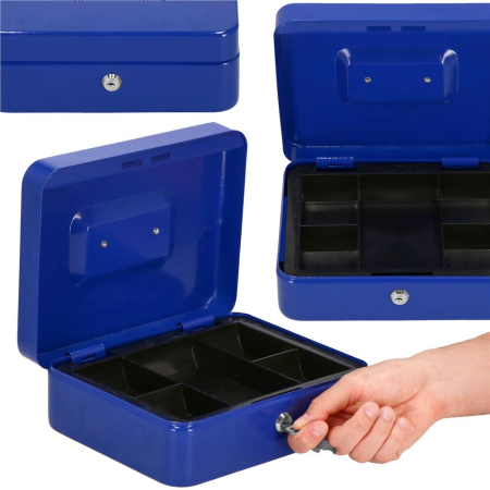 Caseta pentru bani tip cutie de valori, compartimentanta, cu cheie, metal, 20x16x9cm, albastru [2]