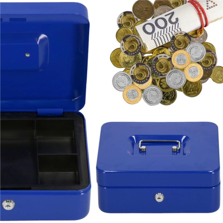Caseta pentru bani tip cutie de valori, compartimentanta, cu cheie, metal, 20x16x9cm, albastru [19]