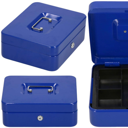 Caseta pentru bani tip cutie de valori, compartimentanta, cu cheie, metal, 20x16x9cm, albastru [1]