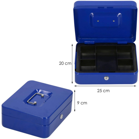 Caseta pentru bani tip cutie de valori, compartimentanta, cu cheie, metal, 25x20x9cm, albastru [4]