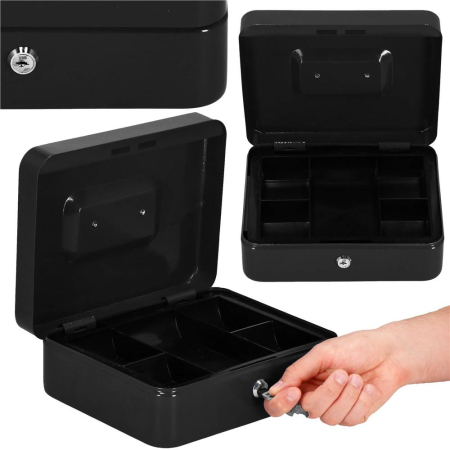 Caseta pentru bani tip cutie de valori, compartimentanta, cu cheie, metal, 30x24x9cm, negru [15]