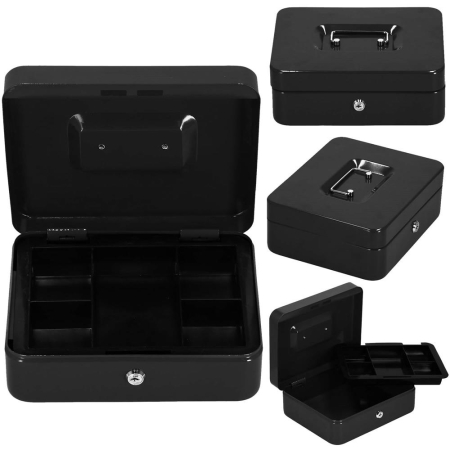 Caseta pentru bani tip cutie de valori, compartimentanta, cu cheie, metal, 30x24x9cm, negru [12]