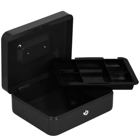 Disponibil livrare locker S - Caseta pentru bani tip cutie de valori, compartimentanta, cu cheie, metal, 30x24x9cm, negru