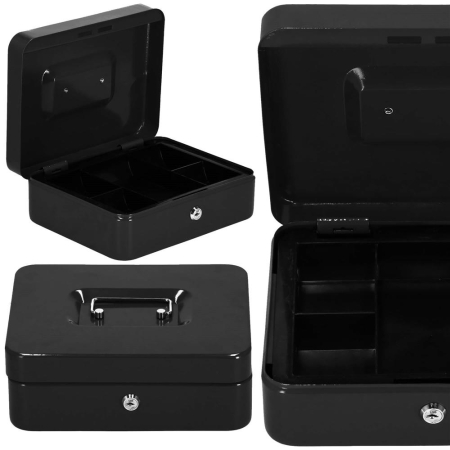 Caseta pentru bani tip cutie de valori, compartimentanta, cu cheie, metal, 30x24x9cm, negru [20]