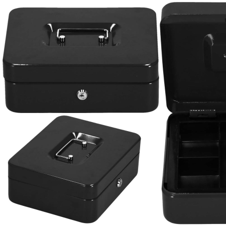 Caseta pentru bani tip cutie de valori, compartimentanta, cu cheie, metal, 30x24x9cm, negru [11]