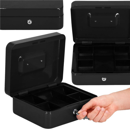 Caseta pentru bani tip cutie de valori, compartimentanta, cu cheie, metal, 30x24x9cm, negru [21]