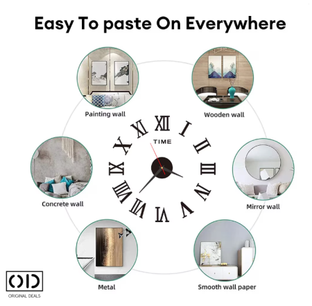 ceas perete 3d, ceas autoadeziv perete, ceas decorativ modern, ceas silentios fara ticait, ceas negru cu cifre Romane sau Arabe (3-6-9-12), ceas de perete design modern, ceas quartz perete, [3]