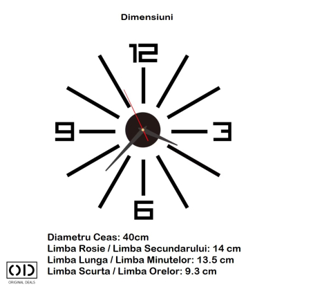 ceas perete 3d, ceas autoadeziv perete, ceas decorativ modern, ceas silentios fara ticait, ceas negru cu cifre Romane sau Arabe (3-6-9-12), ceas de perete design modern, ceas quartz perete, [8]