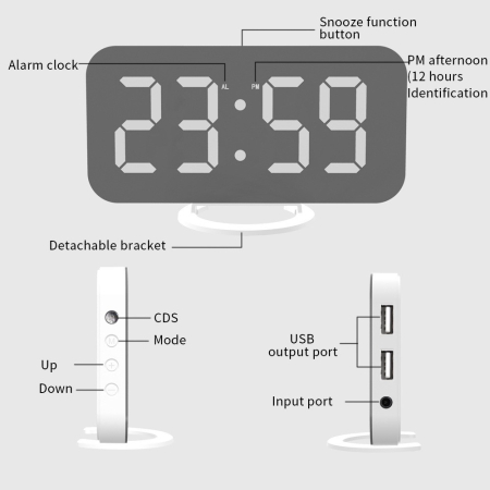 Ceas digital cu LED, , multifunctional, afisaj digital, alarma, 2 porturi USB de iesire, ecran tip oglinda, modern, 15.8 cm, alb [4]