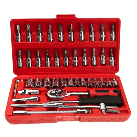 Chei tubulare Set 46 de Piese, , Trusa Scule de Reparatii Auto, Prelungitoare Rigid si Flexibil, Articulatie Cardanica, Antrenor de Forta Glisant, Adaptoare, Maner pentru Surubelnita, 23 x 12 x 4 cm, 1.9 kg, Cutie Rosie