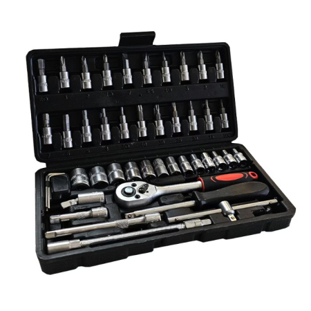 Chei tubulare Set 46 de Piese, , Trusa Scule de Reparatii Auto, Prelungitoare Rigid si Flexibil, Articulatie Cardanica, Antrenor de Forta Glisant, Adaptoare, Maner pentru Surubelnita, 23 x 12 x 4 cm, 1.9 kg, Cutie Neagra [3]