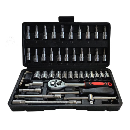 Chei tubulare Set 46 de Piese, , Trusa Scule de Reparatii Auto, Prelungitoare Rigid si Flexibil, Articulatie Cardanica, Antrenor de Forta Glisant, Adaptoare, Maner pentru Surubelnita, 23 x 12 x 4 cm, 1.9 kg, Cutie Neagra [1]