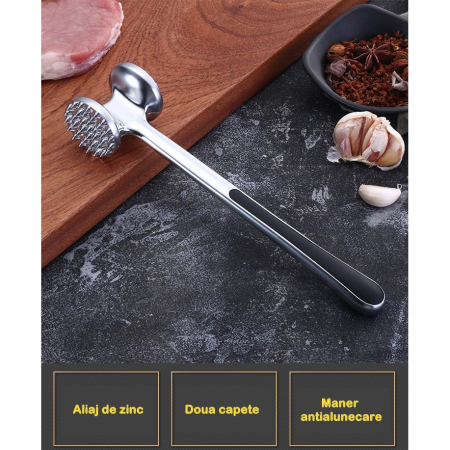 Ciocan pentru snitele si carne , din aliaj de zinc, maner antialunecare, doua capete, 22 cm, argintiu [2]