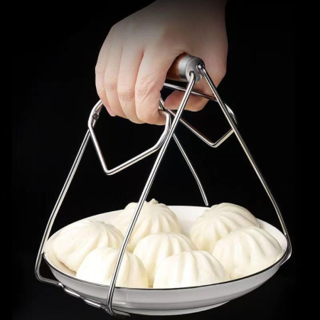 Clema pentru Boluri, , Anti-Alunecare, din Otel Inoxidabil, Extindere, pentru Oale, Tigai, de Uz Casnic, Rezistent la Temperaturi Inalte, 19.5x9.8x8 cm, Maner Maro, Gri [3]