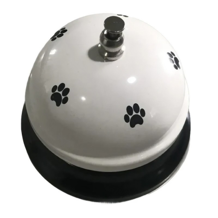 Articole pentru Animale - Clopotel Metalic Multifunctional, , Alb cu Imprimeu Labuta Neagra, 7.5x7.5x6.5 cm, Dresaj, Receptie, Restaurante